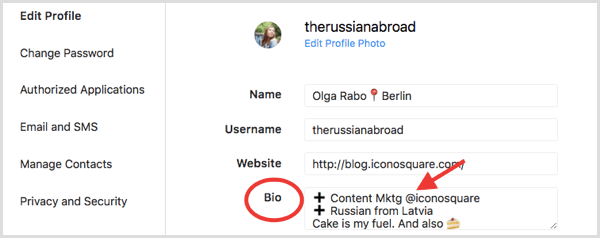 Поле Bio в разделе Edit Profile для профиля Instagram