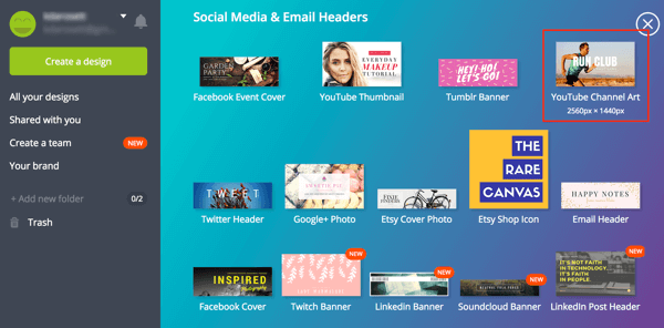 Canva предлагает множество шаблонов для социальных сетей, в том числе для оформления каналов YouTube.