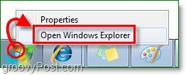 чтобы войти в проводник Windows 7, щелкните правой кнопкой мыши стартовую сферу и выберите открыть проводник Windows.
