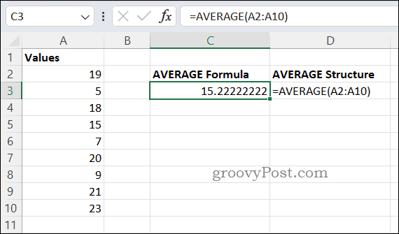Пример формулы СРЗНАЧ в Excel