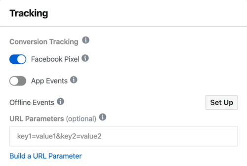 Параметр Facebook Pixel выбран на уровне рекламы в Facebook Ads Manager