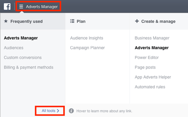 Перейдите в меню Facebook Ads Manager и выберите All Tools.