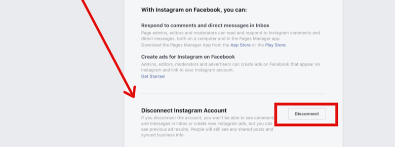 шаг 2 для отключения учетной записи Instagram в настройках страницы Facebook
