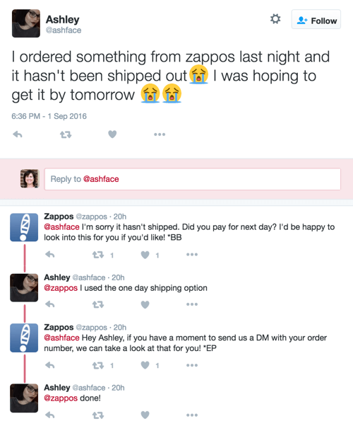 твит службы поддержки клиентов zappos