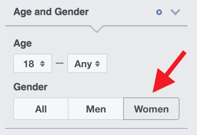 Если ваша аудитория почти полностью состоит из женщин, выберите «Женщины» в разделе «Возраст и пол».
