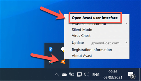 Открытие пользовательского меню Avast