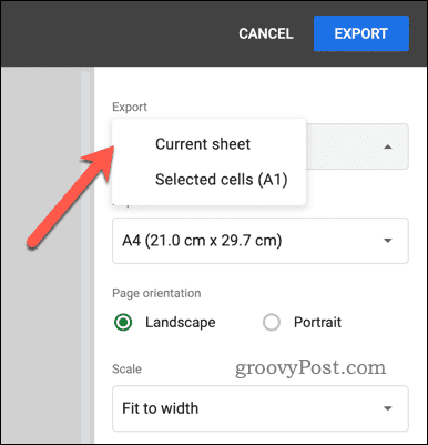 Выбор параметра экспорта для экспорта PDF в Google Sheets