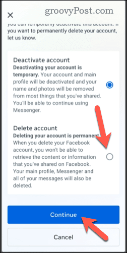 Выбор удаления учетной записи Facebook на мобильном устройстве