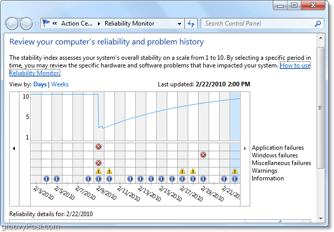 найти, когда проблема в Windows 7 сначала начинается, глядя на даты