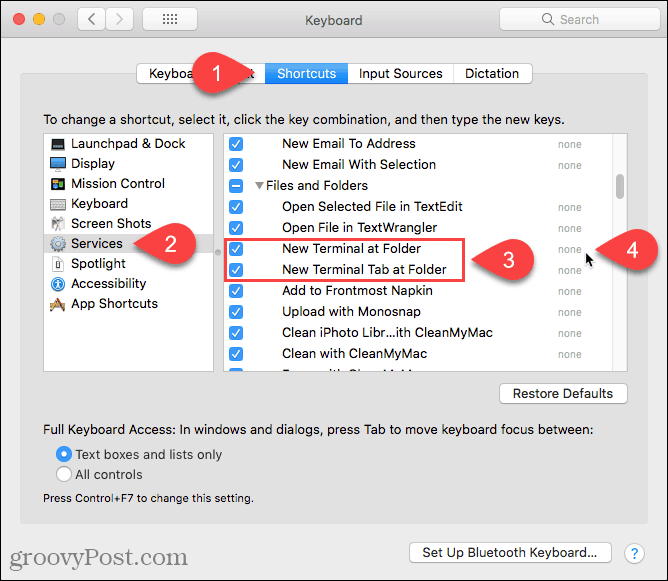 Нажмите «Нет», чтобы добавить ярлык для службы «Новый терминал в папке» на Mac.