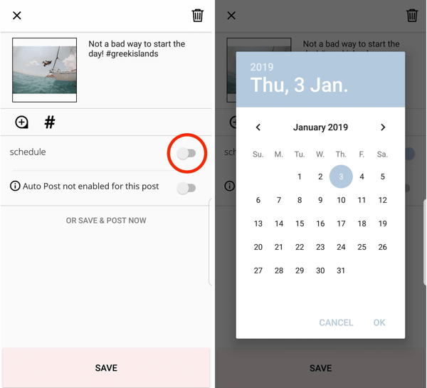 Чтобы запланировать публикацию через Planoly, коснитесь параметра расписания и выберите дату и время.