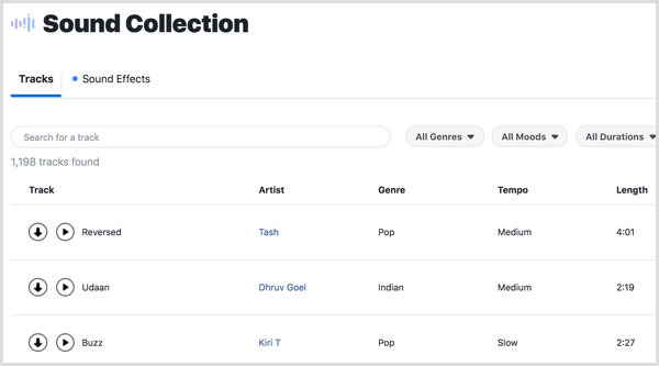 Загрузите музыкальные треки и звуковые эффекты из коллекции звуков Facebook.