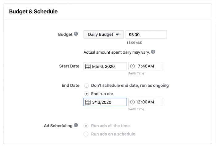 Раздел бюджета и расписания на уровне набора объявлений в Facebook Ads Manager