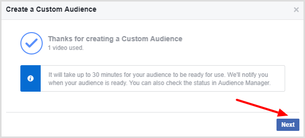 Facebook отображает сообщение, подтверждающее, что ваша видео-аудитория готова.