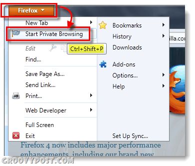 начать приватный просмотр в Firefox 4