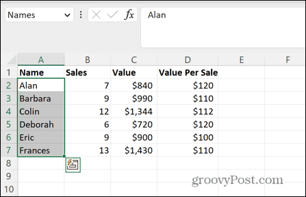 Excel выбрал именованный диапазон