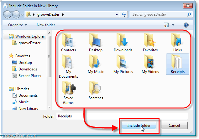 выберите папку для включения в библиотеки Windows 7
