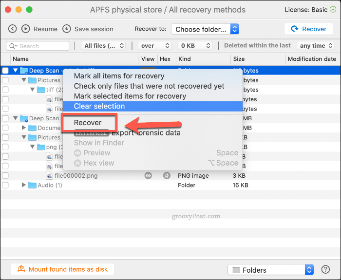 Восстановление удаленных файлов в Disk Drill на macOS