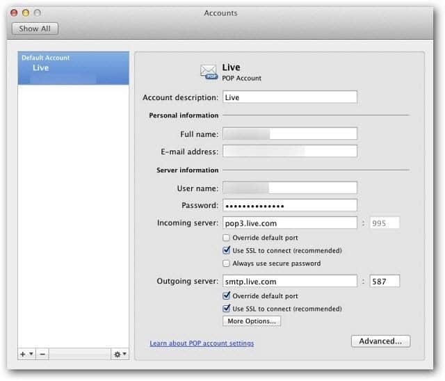Microsoft Outlook Mac 2011: настройка почты Windows Live с использованием POP3