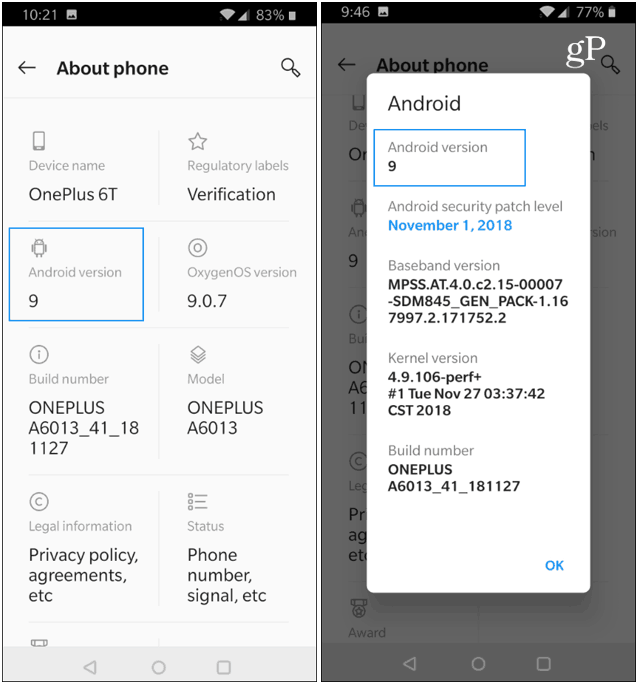 OnePlus О телефоне Версия Android