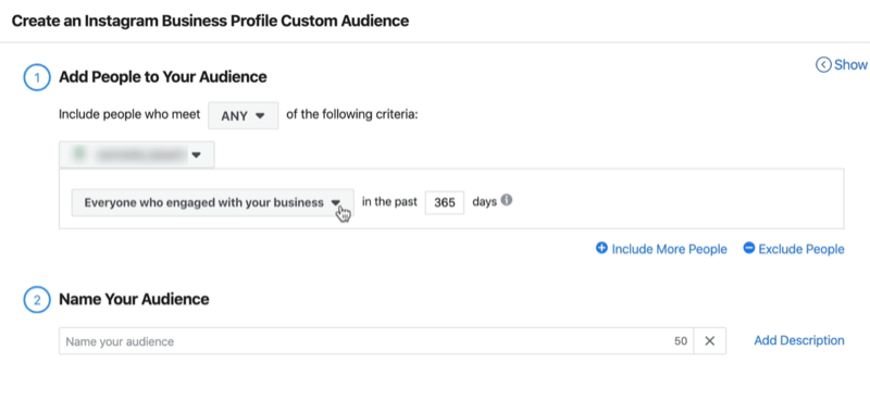 снимок экрана окна создания индивидуализированной аудитории бизнес-профиля Instagram с настройками по умолчанию для всех, кто взаимодействовал с вашим бизнесом за последние 365 дней