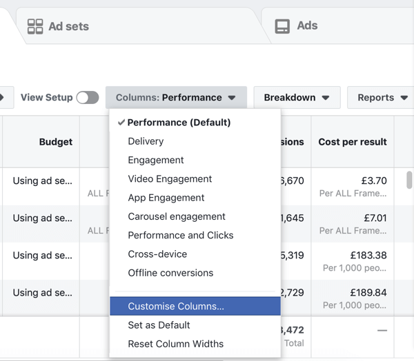 Выберите «Настроить столбцы» в раскрывающемся меню «Столбцы: эффективность» в Ads Manager.