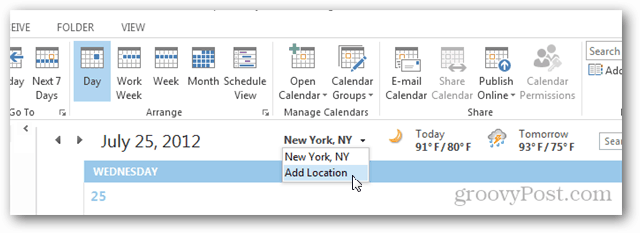 Обзор погоды в календаре Outlook 2013 — нажмите «Добавить местоположение»