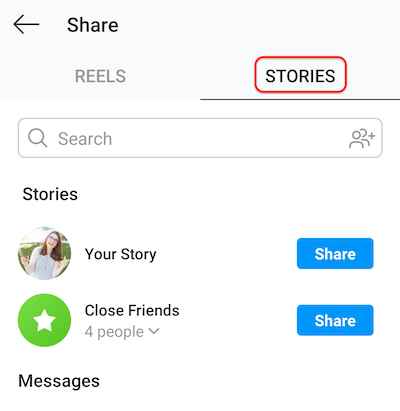 снимок экрана с экраном публикации Instagram, показывающий вкладку историй, позволяющую делиться роликами с вашей историей или списком близких друзей