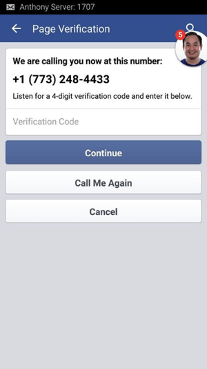 Дождитесь звонка из Facebook и запишите полученный 4-значный проверочный код.