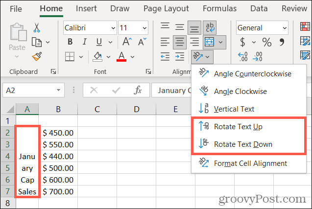 Повернуть текст вверх или вниз в Excel