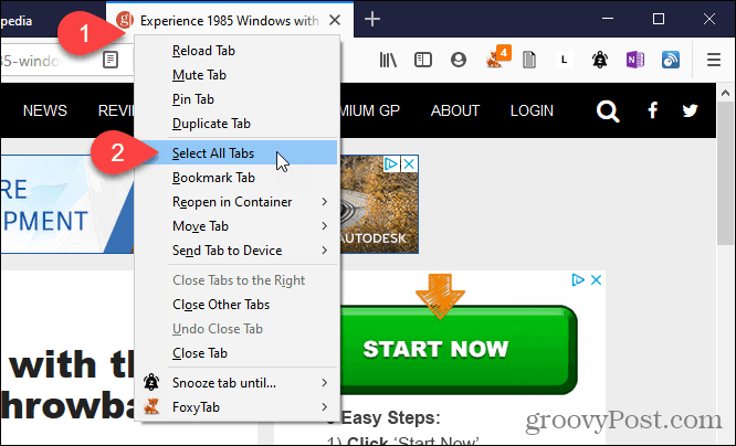 Выберите Выбрать все вкладки в Firefox