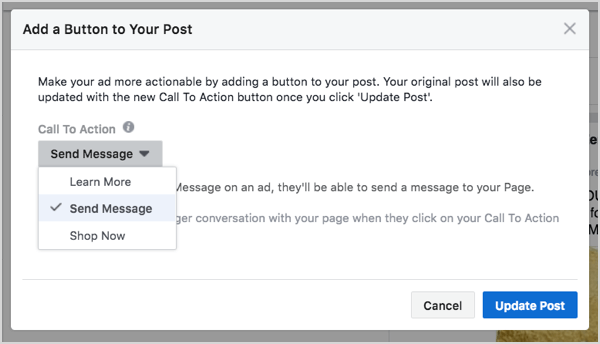 Выбор кнопки Facebook Messenger при создании рекламы.