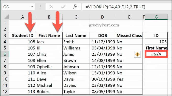 Другой пример ошибки NA с VLOOKUP в Excel, из-за того, что диапазон данных не сортируется должным образом