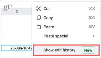 Щелкните правой кнопкой мыши и выберите Показать историю редактирования в Google Таблицах.