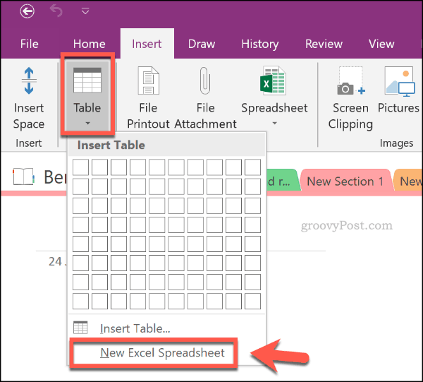 Вставьте новую электронную таблицу Excel в OneNote