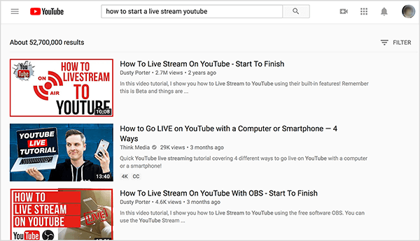 Поищите на YouTube «как начать прямую трансляцию на YouTube», и в верхних результатах поиска появятся два видео Дасти Портера.
