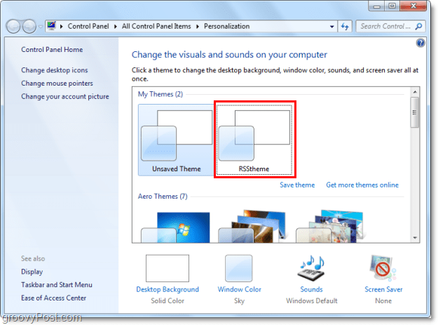 выберите свою новую тему RSS в Windows 7