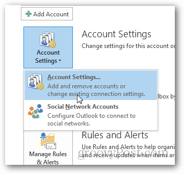Как создать PST-файл для Outlook 2013 - нажмите настройки учетной записи