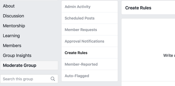Как улучшить сообщество группы в Facebook, пункт меню Facebook для создания правил для модерации группы