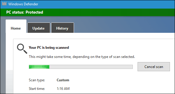 Сканирование Защитника Windows