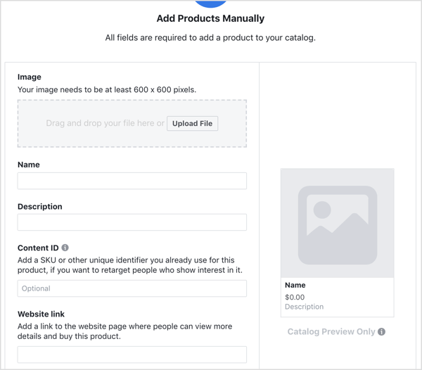 Введите данные, чтобы добавить продукт в свой каталог Facebook.
