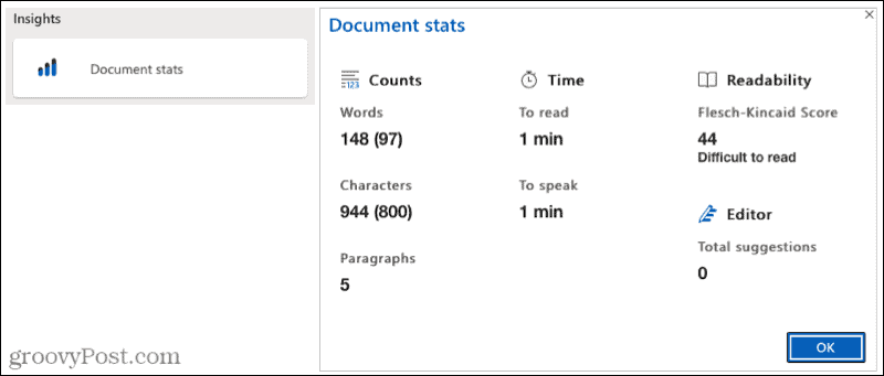 Статистика документов редактора Microsoft