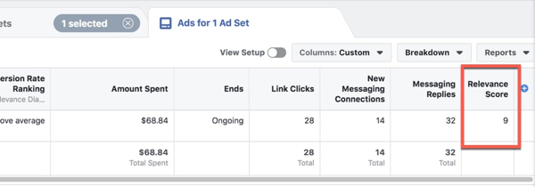 Просмотр рейтинга релевантности в Facebook Ads Manager.