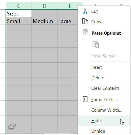 Скрыть ярлык столбца в Excel в Windows