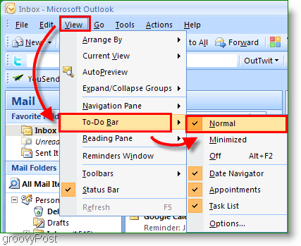 Панель задач Outlook 2007 - настроить представление на «Нормальный»
