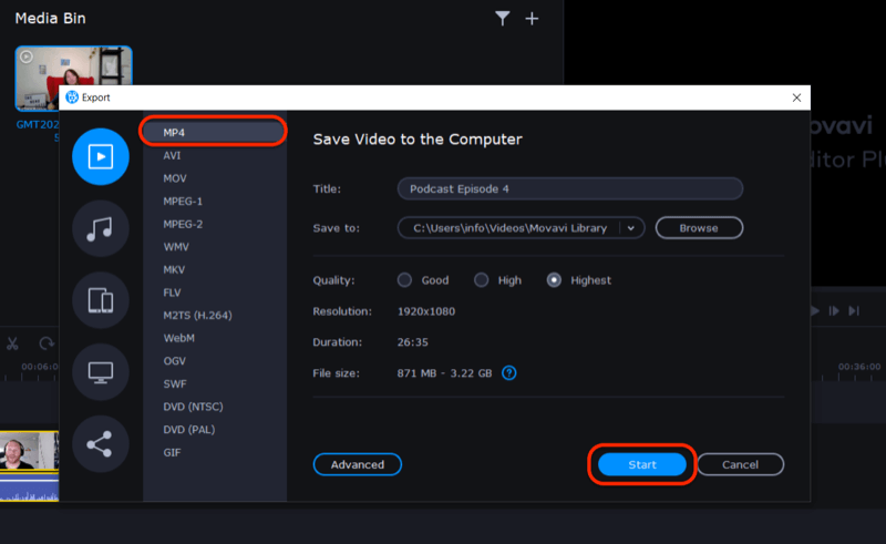 экспорт видеофайла в Movavi Video Editor Plus
