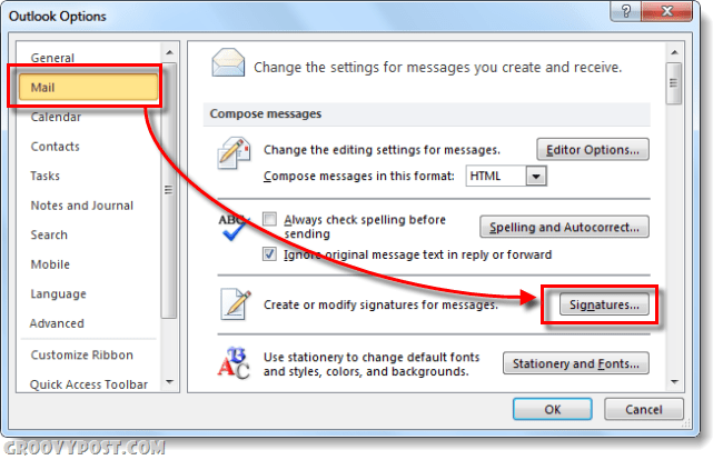 почтовые подписи в опциях Outlook 2010