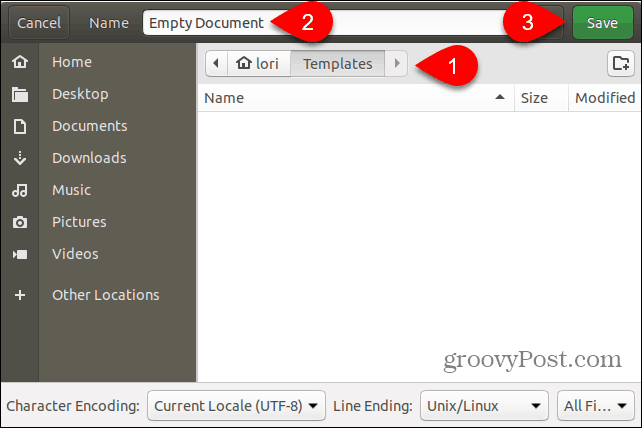 Сохраните файл шаблона пустого документа в папке «Шаблоны» в Ubuntu.