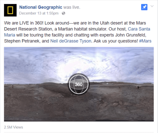 На этой неделе Facebook запустил видео в реальном времени в формате 360 с отчетом National Geographic с исследовательской станции Mars Desert Research Station в Юте.