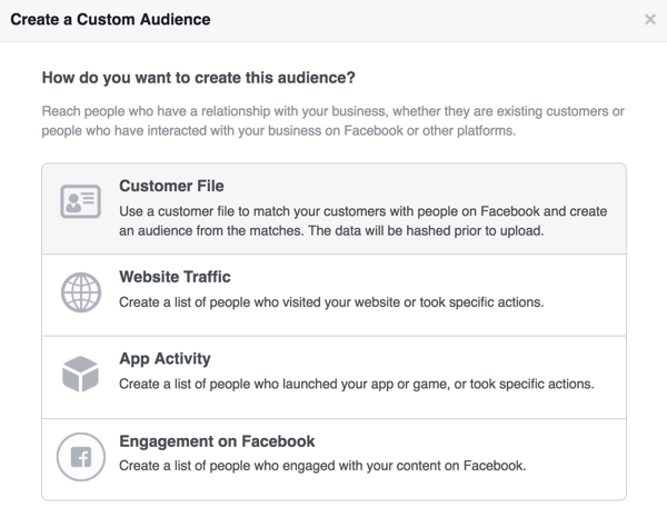 Выберите Файл клиента, чтобы создать собственную аудиторию подписчиков на рассылку новостей в Facebook.
